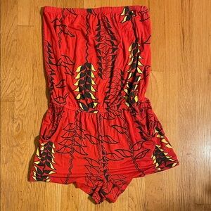 Manuhealii Red and Yellow Strappless Leaf Print Romper